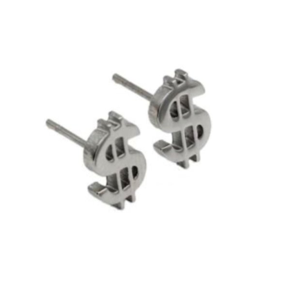 High-Quality Stainless Steel Silver Dollar Sign Get Money Earrings - Picture 1 of 1